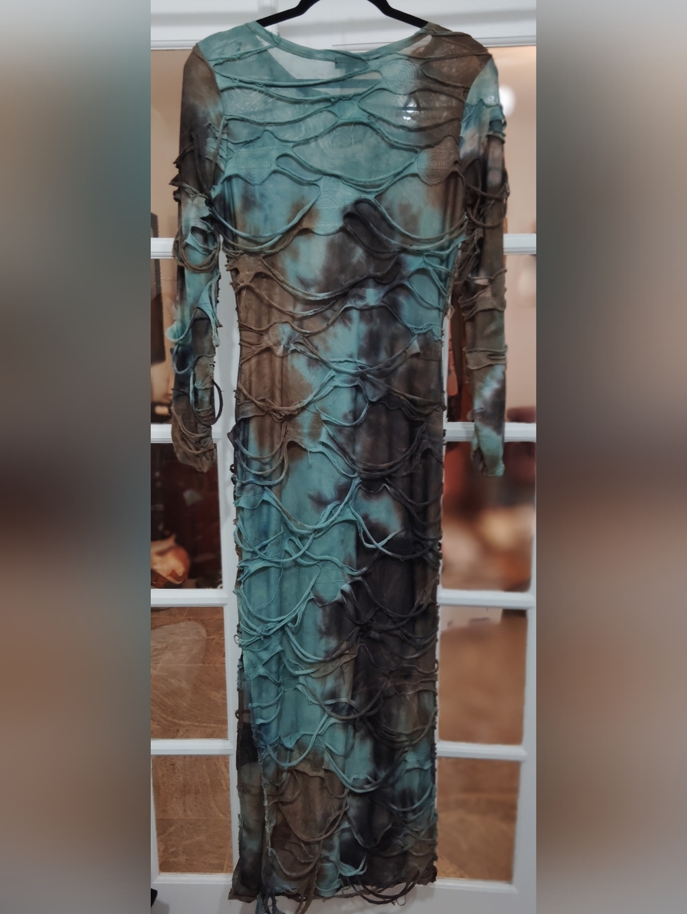 Long Sleeve Tie-Dye Bodycon Maxi Dress - Blue & Brown 🔥 🔥 🔥 Size M - Picture 3 of 7